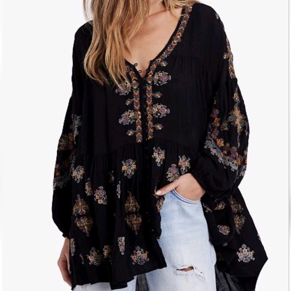 Free People Arianna Black Embroidered Boho Tunic Top Medium - Picture 3 of 14